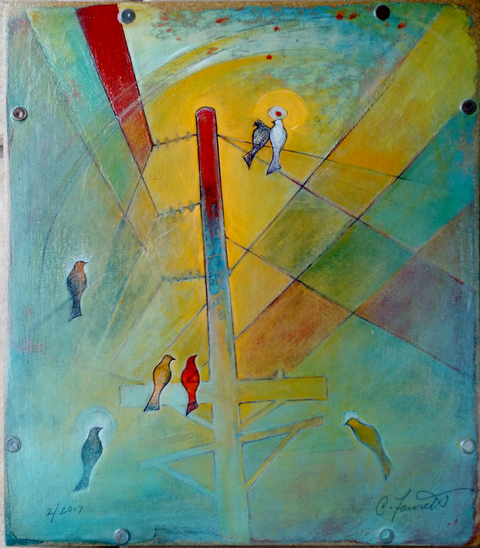 Six birds cluster on the red crossbar of a stylized power pole against a fractured teal-and-gold sky, a white dove with a halo glowing where the wires meet.