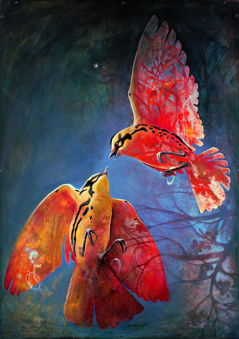Two fiery orange-and-red birds face each other in flight against a dark blue background layered with faint painted-over branches.