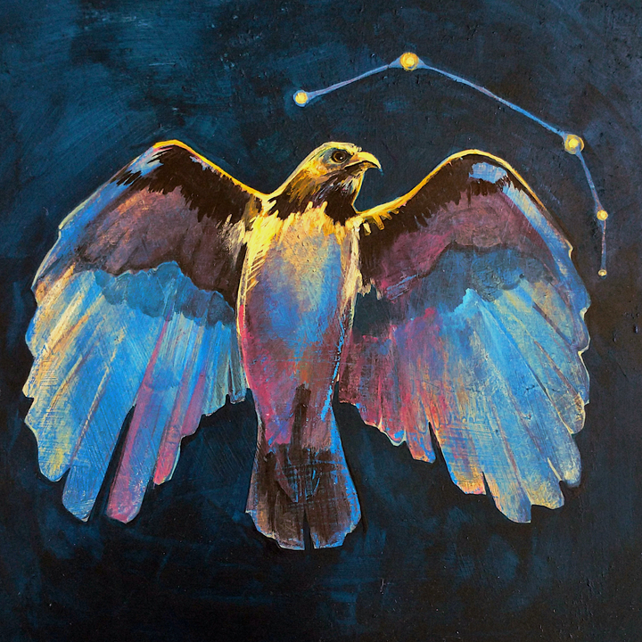 A hawk with wings fully outstretched against a dark blue sky, beneath the star pattern of the constellation Aries.