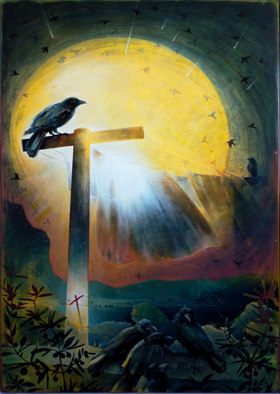 A raven perched on a cross-shaped powerline post glows against a giant golden sun, with more ravens gathered below among olive branches and hanging laundry lines.