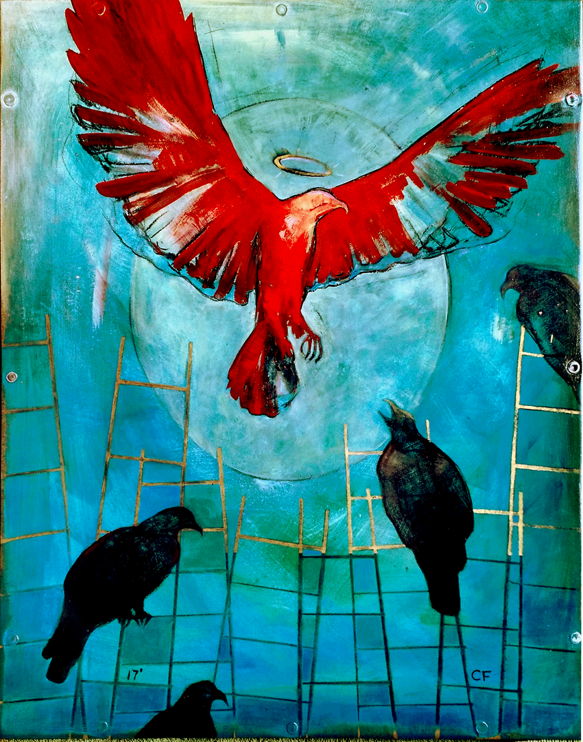 A red bird in flight above a network of white ladders rising through a golden sky, more red, black, and pink birds perched across the ladders beneath a glowing white dove at the top.
