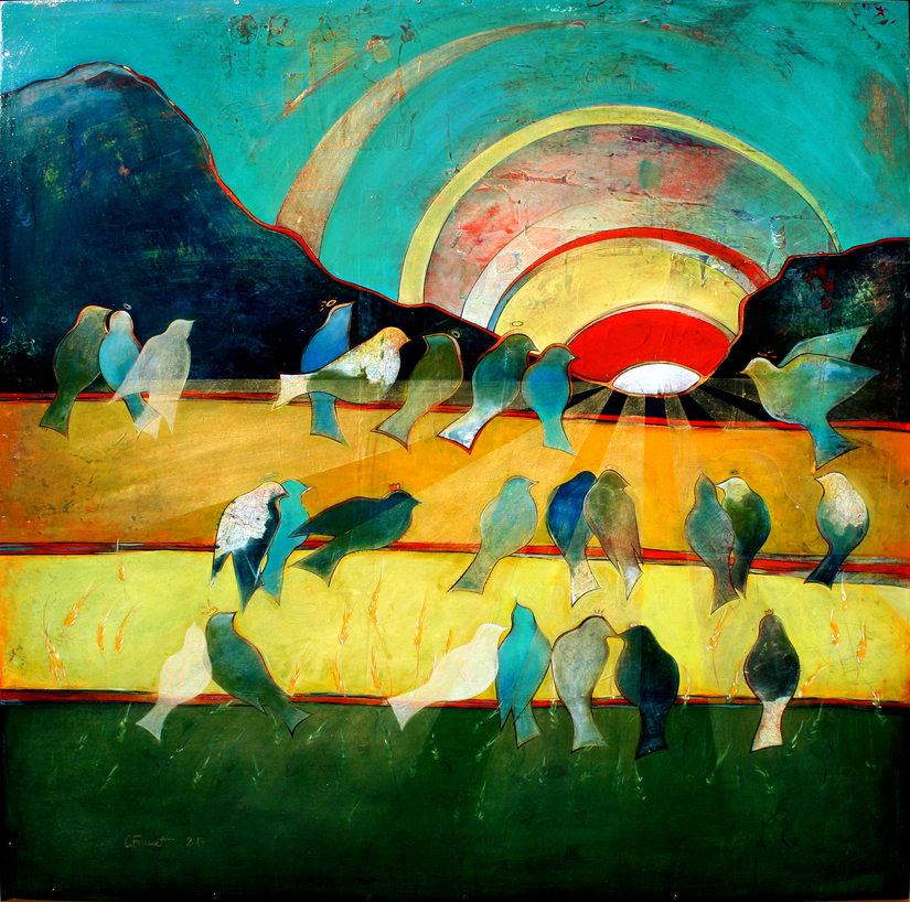 A long row of teal and indigo birds perched shoulder to shoulder on a wire, facing a banded sunrise of red, gold and green.