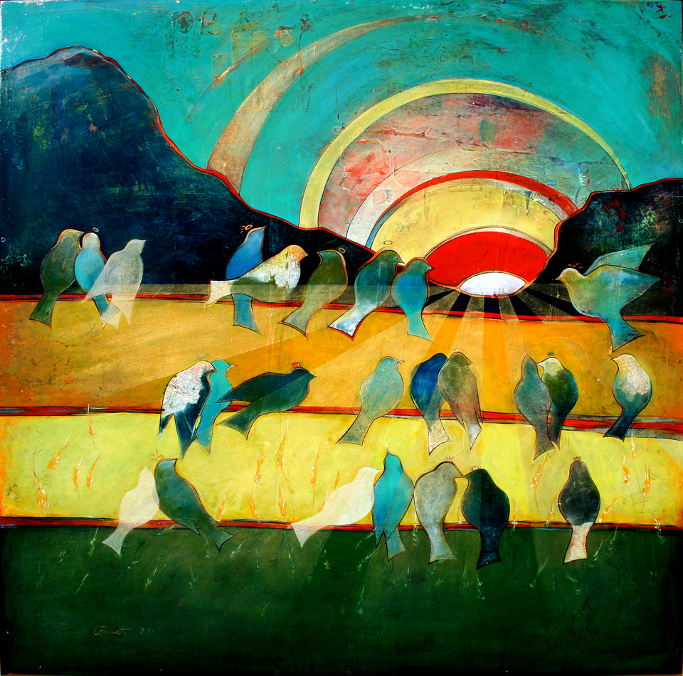 A long row of teal and indigo birds perched shoulder to shoulder on a wire, facing a banded sunrise of red, gold and green.