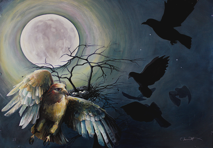 A red-tailed hawk with wings spread flies past a full moon beside a bare tree holding a nest of speckled eggs, with three black birds in silhouette nearby.